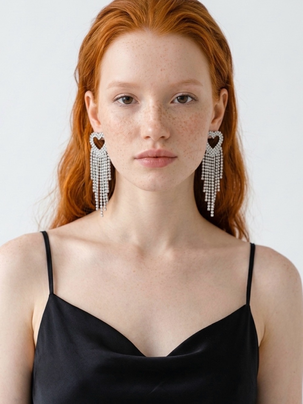 Rhinestone Heart Fringe Statement Earrings Silver Crystal Dangle Glam